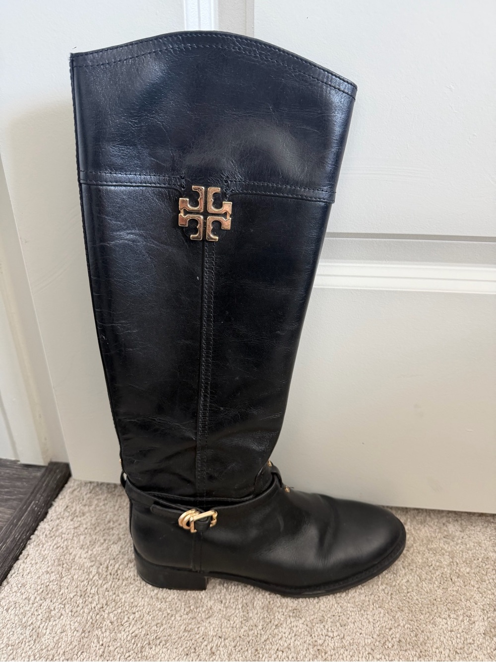 Tory Burch Black Leather Knee-High Boots with Gold Logo - Picture 2 of 16